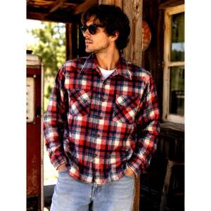 Vintage 70s Sears Kings Road Wool Plaid Flannel Shirt Jacket L